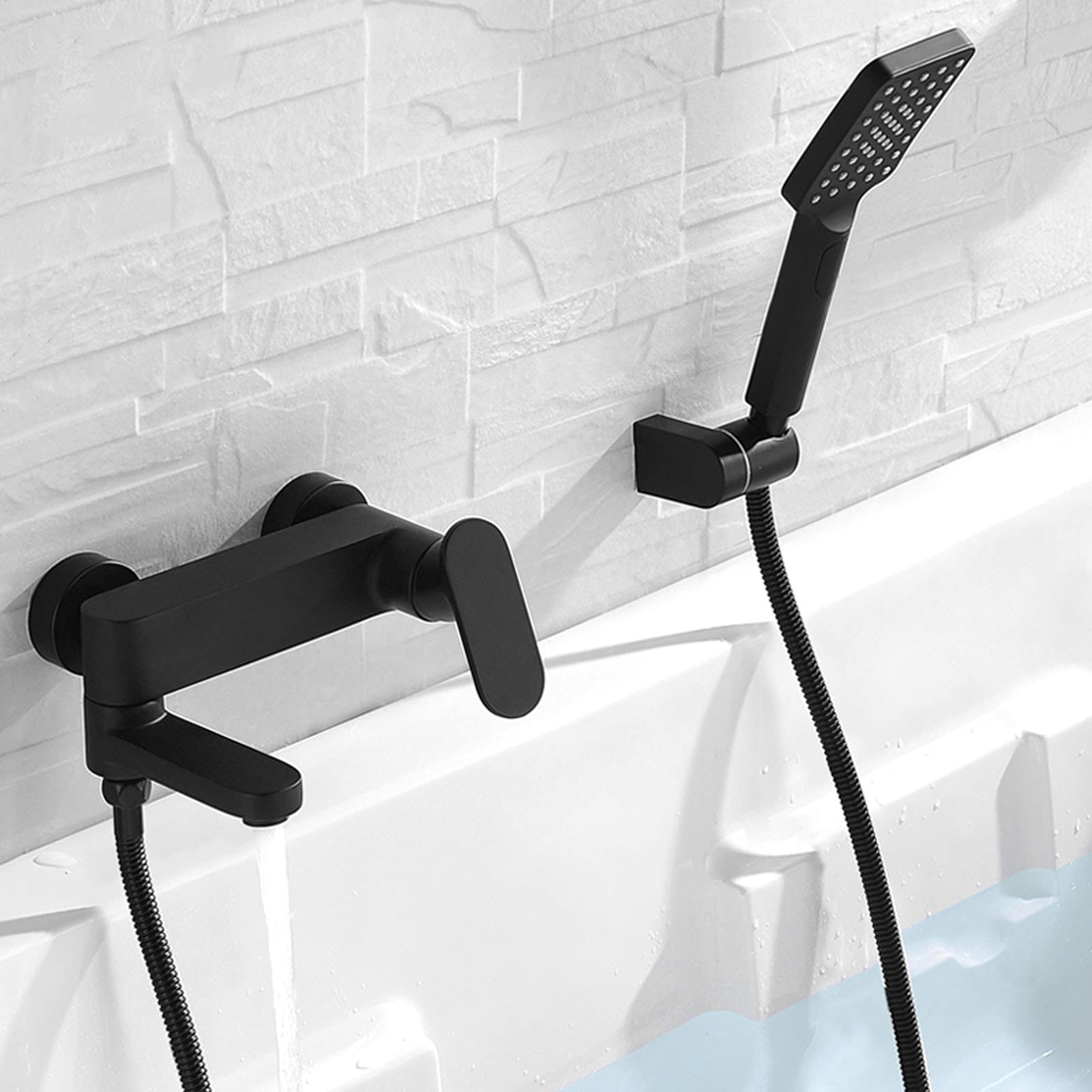 Grifo de bañera con Ducha de Mano, Grifo de bañera de Pared, caño Giratorio, Grifo Mezclador de Agua fría y Caliente, Juego de Grifo de Ducha Negro,