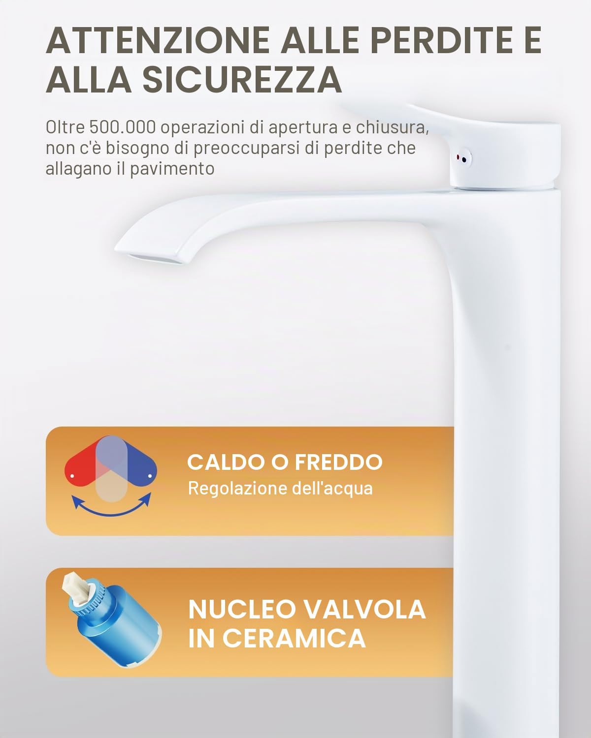 Rubinetto da bagno bianco a cascata, rubinetto da bagno alto, miscelatore monocomando in ottone