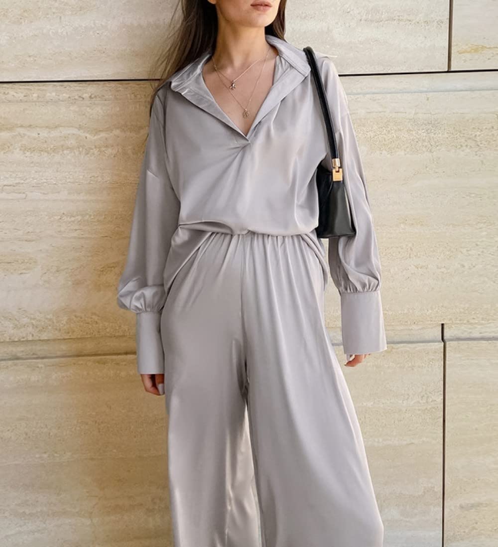 Ensembles De Pyjama Femme,Gris Clair Lâche Manches Longues Ensemble De Vêtements De Nuit Femmes Deux Pièces Pyjama Personnalité Douce Décontracté Loungewear Festival Cadeau pour Soeurs Femme P