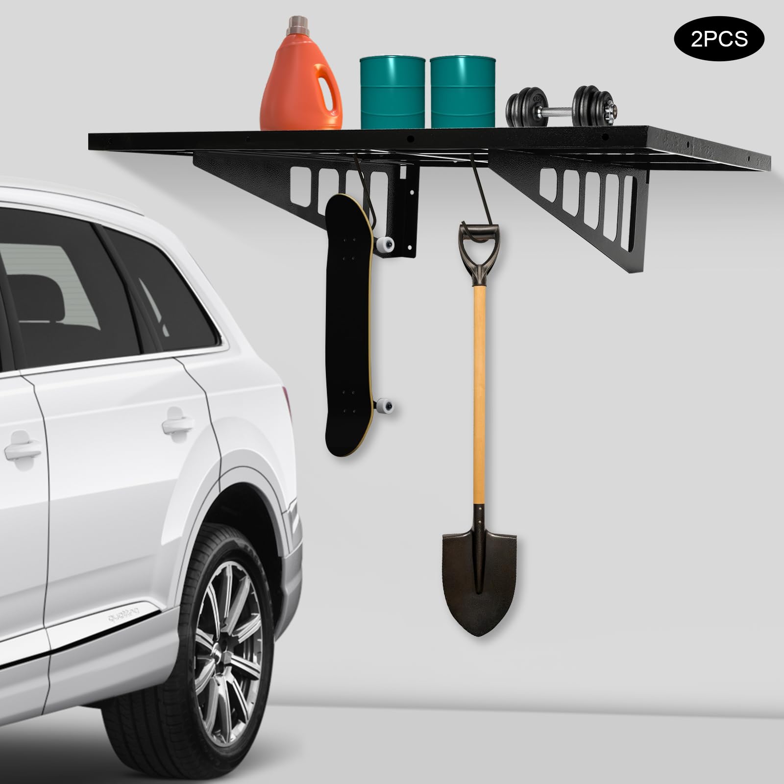 Garage Wall Shelving with 4-Hooks, 2-Pack Garage Storage Rack Wall Shelf Garage Organization System, Heavy Duty Garage Storage Rack Floating Shelves, 560 lbs Weight Capacity, Black,(24