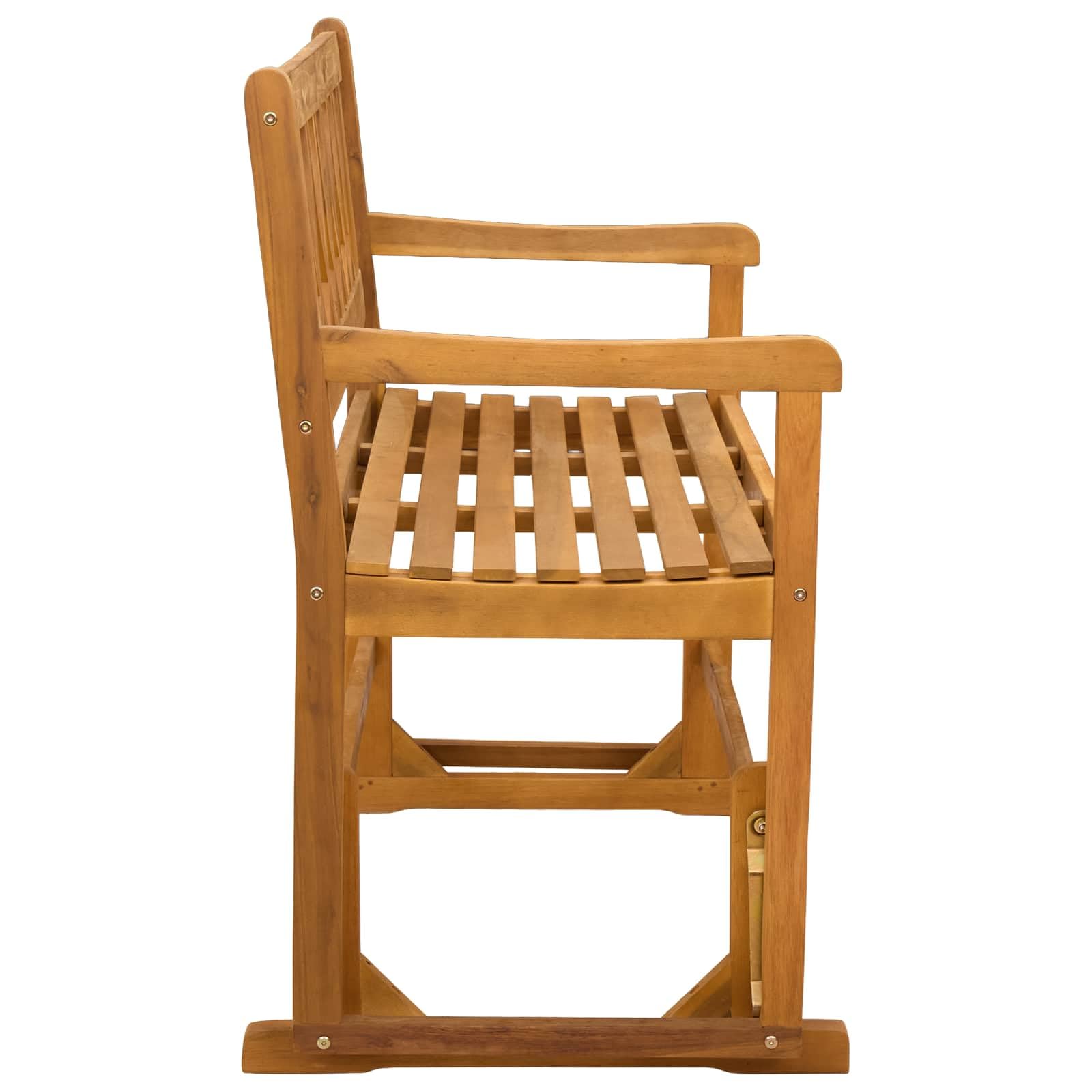 Banco de jardín rústico de madera maciza de acacia, 110 x 59 x 97 cm, con reposabrazos planos y patas de poste estables para un agarre seguro, superficie aceitada, fácil de limpiar.