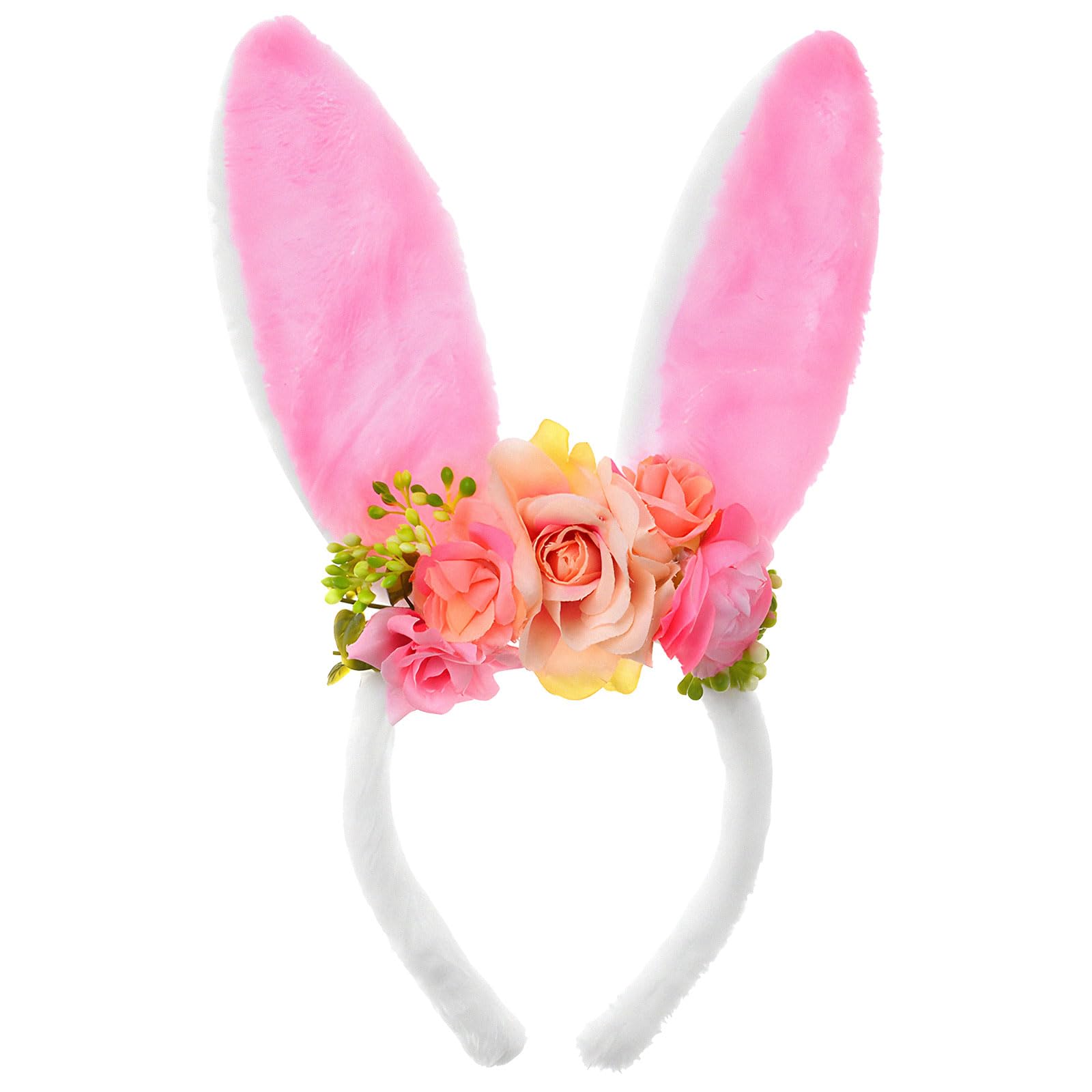 Femihua Bunny Ear Headband, Rabbit Hairband with Artificial Flowers, Rabbit Costume Fancy Dress Costume Accessory, Hair Accessories for Easter Halloween Cosplay Party Supply