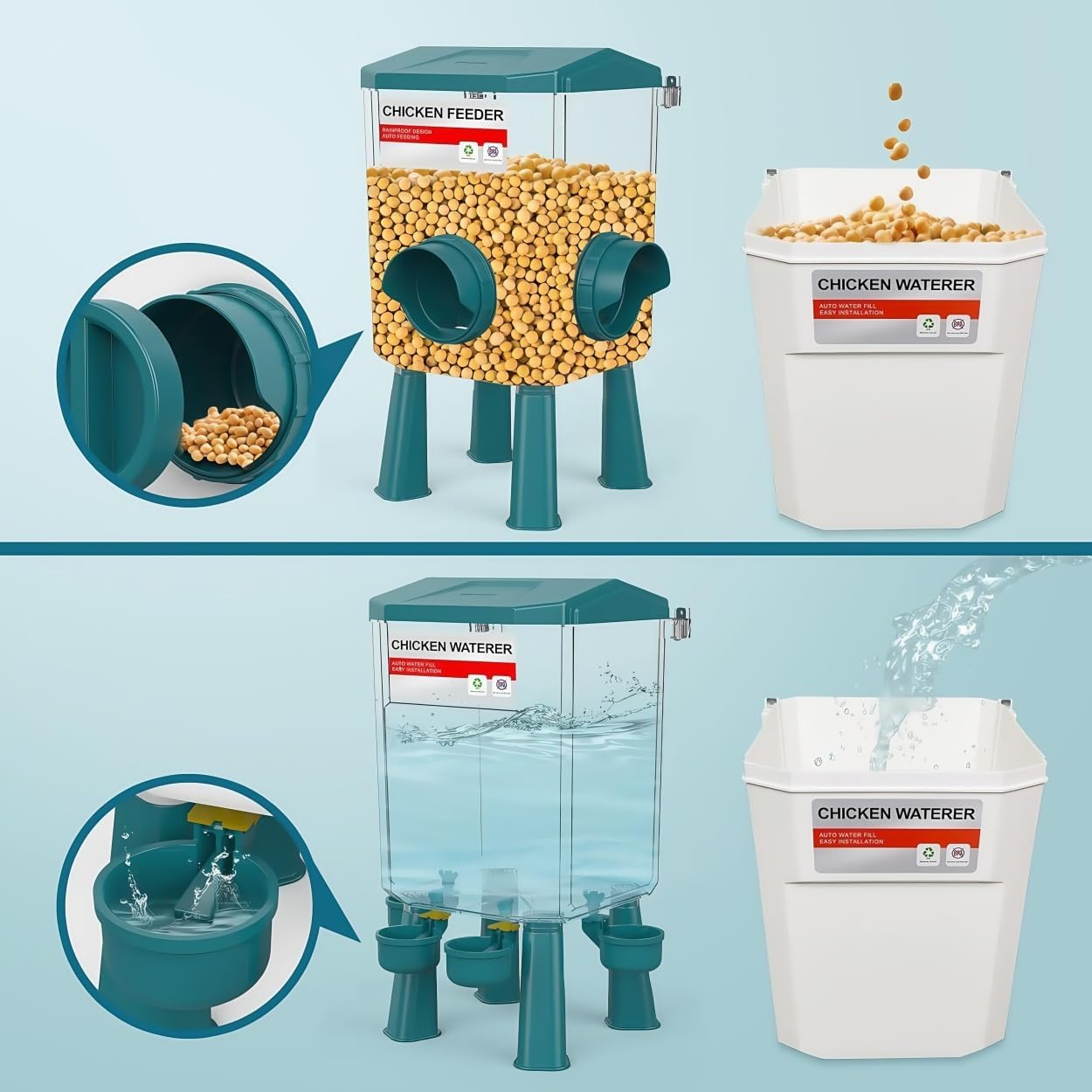Chicken Feeder and Chicken Waterer Set (3 Gallon/18 Pounds) - Hanging Automatic Chicken Feeder No Waste - Chicken Coop Accessories - Poultry Waterer (Blue)