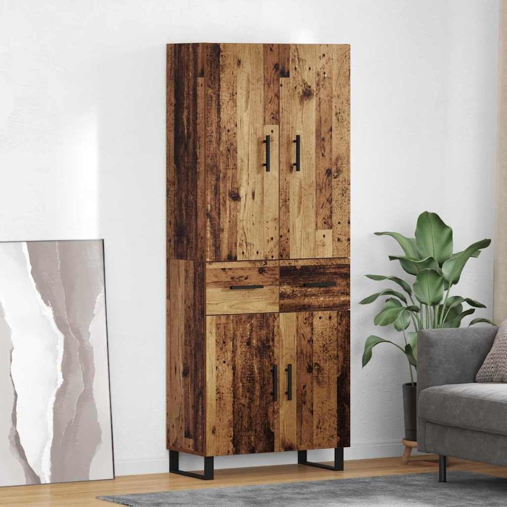 Meuble haut avec tiroirs et portes en bois vieilli, 69,5 x 34 x 180 cm, buffet moderne avec espace de rangement, étagère et étagère pour salon, salle à manger, couloir, cuisine, bureau