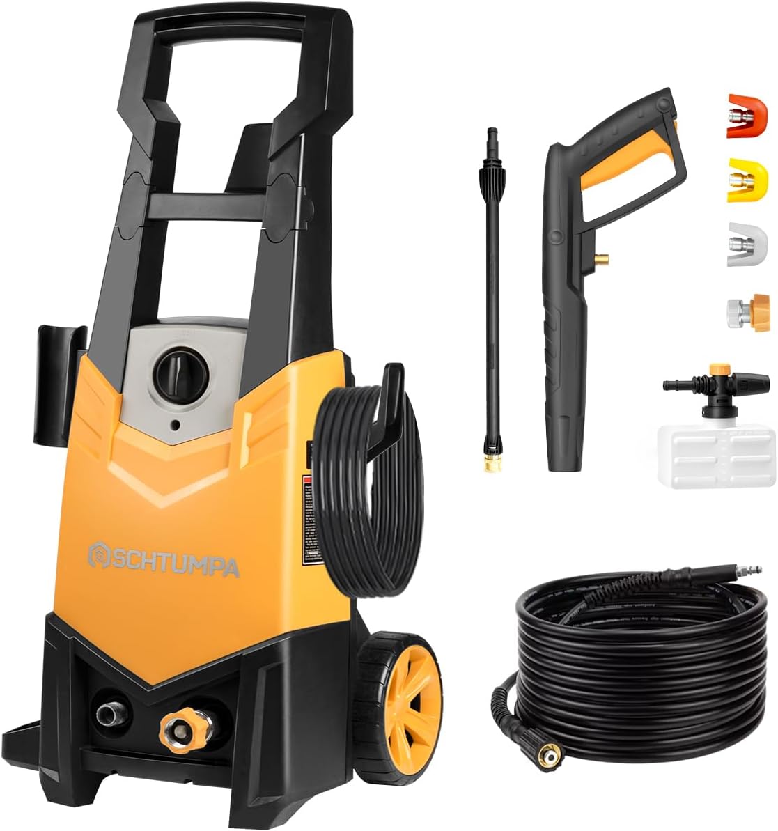 SCHTUMPA Electric Pressure Washer SH 4000, Power Washers Electric Powered, Max 1.6 GPM Power Washers with 3 Nozzles, Foam Cannon, 20 FT Hose, 35 FT Power Cord,Cleaning Cars/Fences/Floors/Yard/Patios Yellow