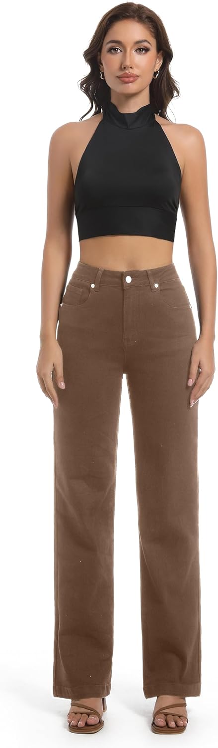 Guaile Women’s Jeans High Waisted Straight Leg Stretchy Jeans Trendy Wide Leg Tummy Control Loose Casual Denim Pants