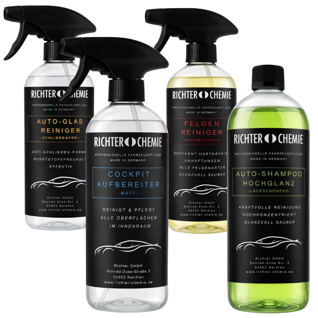 Richter Chemie Auto Pflegeset, 4 x 1 L, für Lack, Glas, Felgen & Innenraum | Enthält Auto-Shampoo Hochglanz, Glasreiniger, Felgenreiniger & Cockpit Aufbereiter Matt; für PKW, SUV & Motorrad