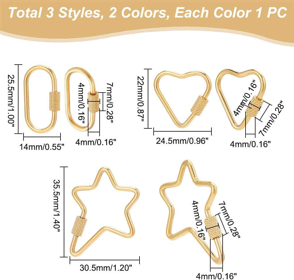UNICRAFTALE 6pcs 3 Styles Screw Carabiner Lock Charms 2 Colors Stainless Steel Locking Carabiner Claw Clasp Heart Heart Carabiner Hook Clip Key Holder 22~35.5mm - Image 4