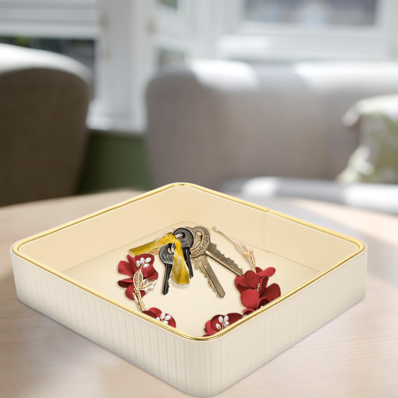 Kisangel Bandeja Decorativa Cuadrada White de Cuero para Llaves y Joyas