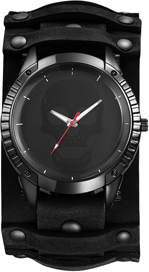 JewelryWe Men's Leather Cuff Watch - Punk Skull Analog Quartz Watches Hip Hop Gothic Steampunk Wide Leather Wristwatches for Father's Day