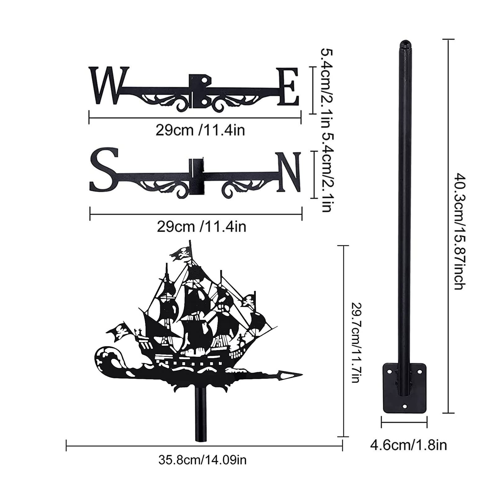 BRLIBESE Metal Pirate Ship Sailing Ship Weathervane Ornament Roof Mount Durable Ornament Wind Vane Direction Indicator Measuring Tool for Garden Stake Yard Farmhouse Decorative