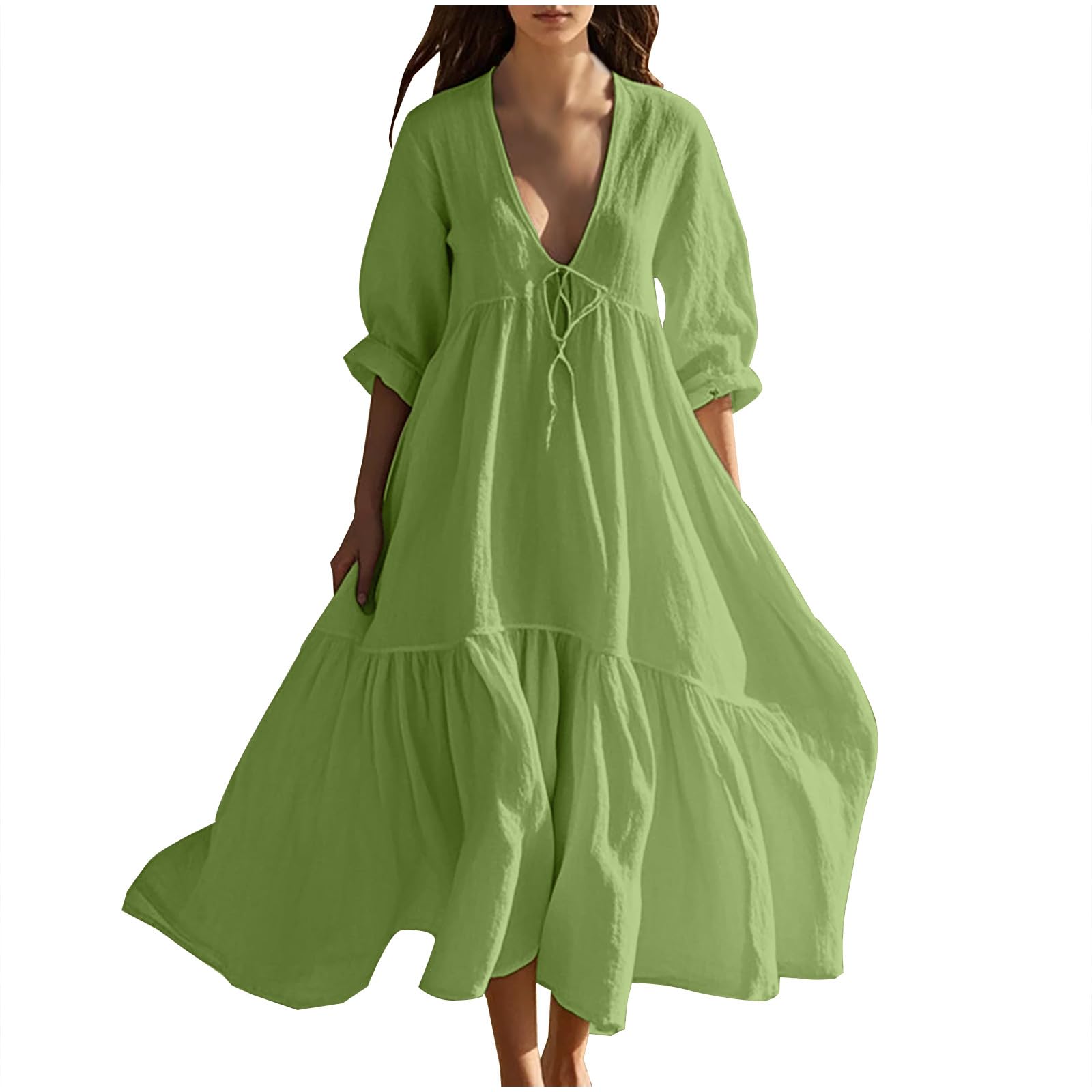 AMhomely Cotton Linen Dresses for Women UK-Summer Boho Maxi Dress,Drawtring Deep V Neck Casual Dresses,Short Sleeve Flowy Sundress,Beach Smocked,Holiday Vacation,Office Work A Green L