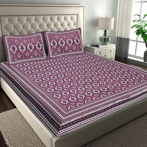 Image of JAIPUR PRINTS Cotton Traditional Jaipuri Printed Double Bedsheet for Double Bed King Size with 2 Pillow Covers - Purple.