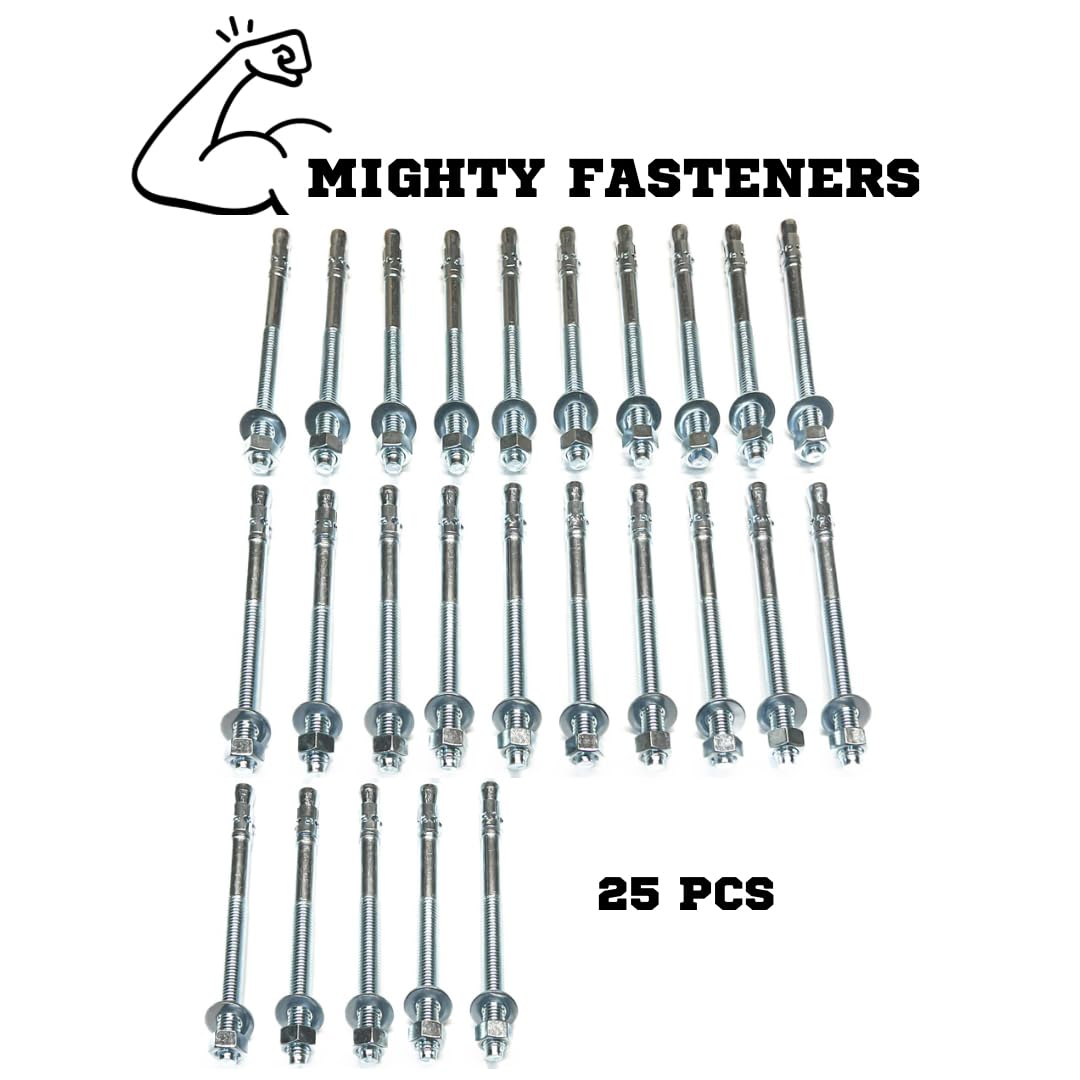 MIGHTY FASTENERS Zinc-Plated Steel Wedge Anchors, 1/2" X 7" - Heavy-Duty Mounting Bolts for Concrete - 25 Pack