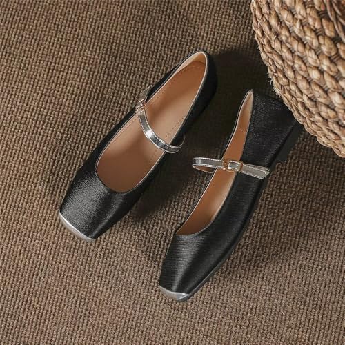 Stunner Women's Black Flats Fashion Square Toe Flat Shoes Soft Slip On Mary Jane Flats Black 42(9.5) 22