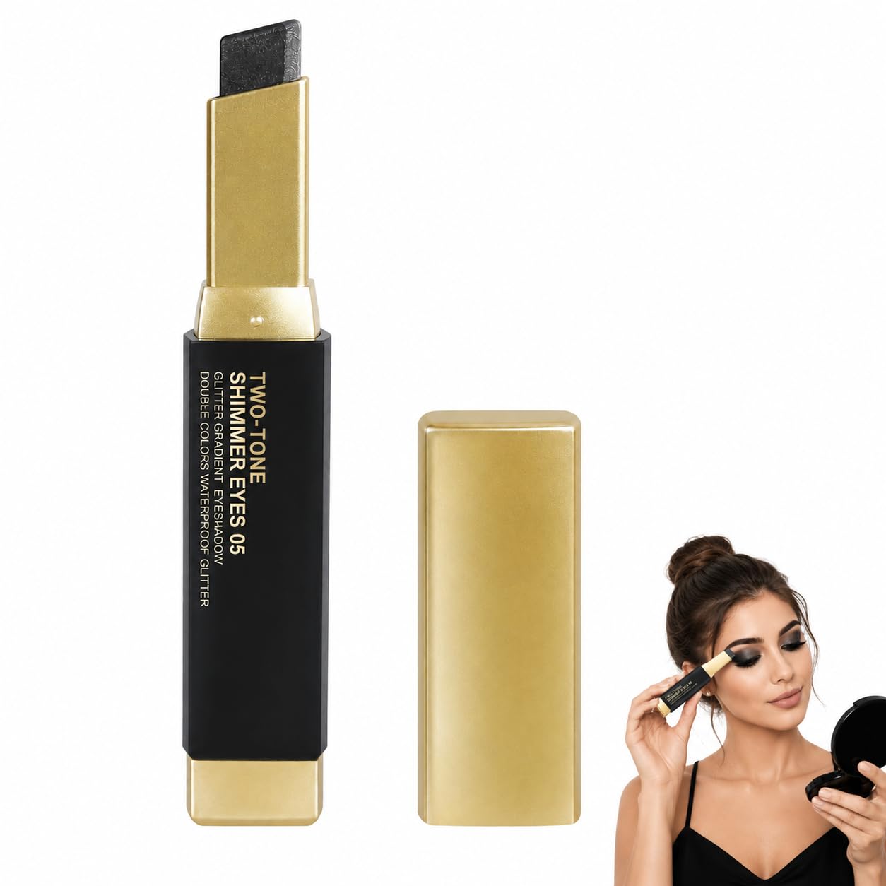 BONSOW Black Two-Tone Shimmer Eyeshadow Stick, Waterproof Smudge Proof Smoky Eye Makeup, Long Lasting Easy Blendable Eye Shadow Pen for Women, Easy Apply Gradient Glitter Eye Stick, Eye Makeup Pen-image-32
