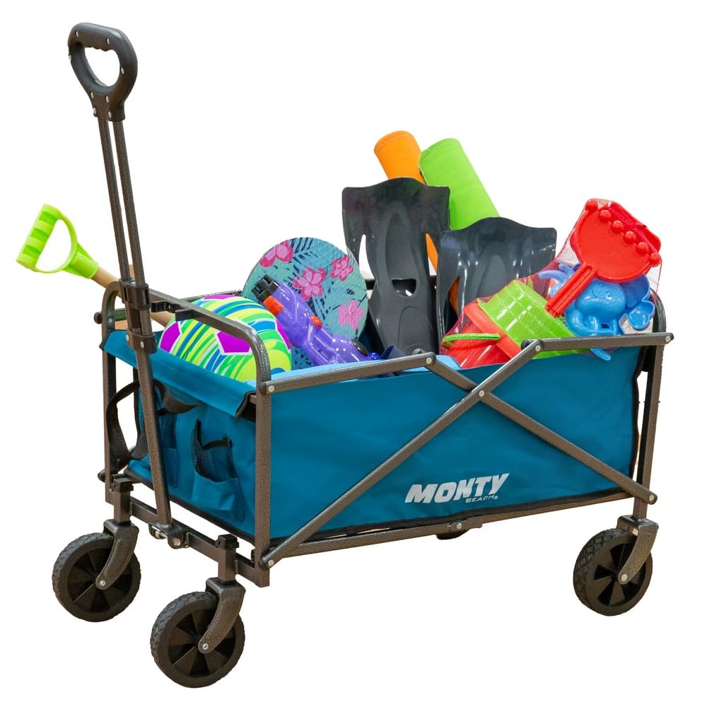 MONTY Carretilla Trolley Plegable Azul | 55 litros, 60 Kg | Estructura Acero con Pintura Anticorrosión, Mango Telescópico y Ruedas Giratorias Todoterreno | 2 Portabotellas