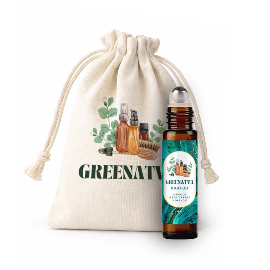 Raahat By Greenatva - Pain Relief Roll On, Relief From Muscle Pain, Spasms & Muscle Soreness, Ginger, Wintergreen, Peppermint Essential Oil Blend, No Diclofenac, 10ml per bottle, Lasts More Than 60 applications, Plant Based, Organic & Vegan