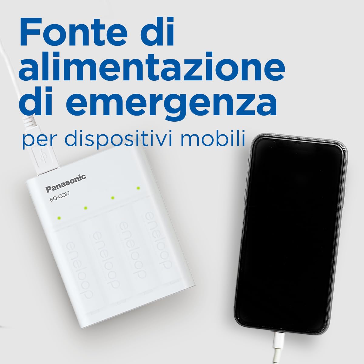 Eneloop SmartPlus Travel caricabatterie USB, per 1-4 batterie ricaricabili AA/AAA, 2.25 ore tempo di ricarica, 10 funzioni di sicurezza, 4 batterie Eneloop AA (2000 mAh) incluse