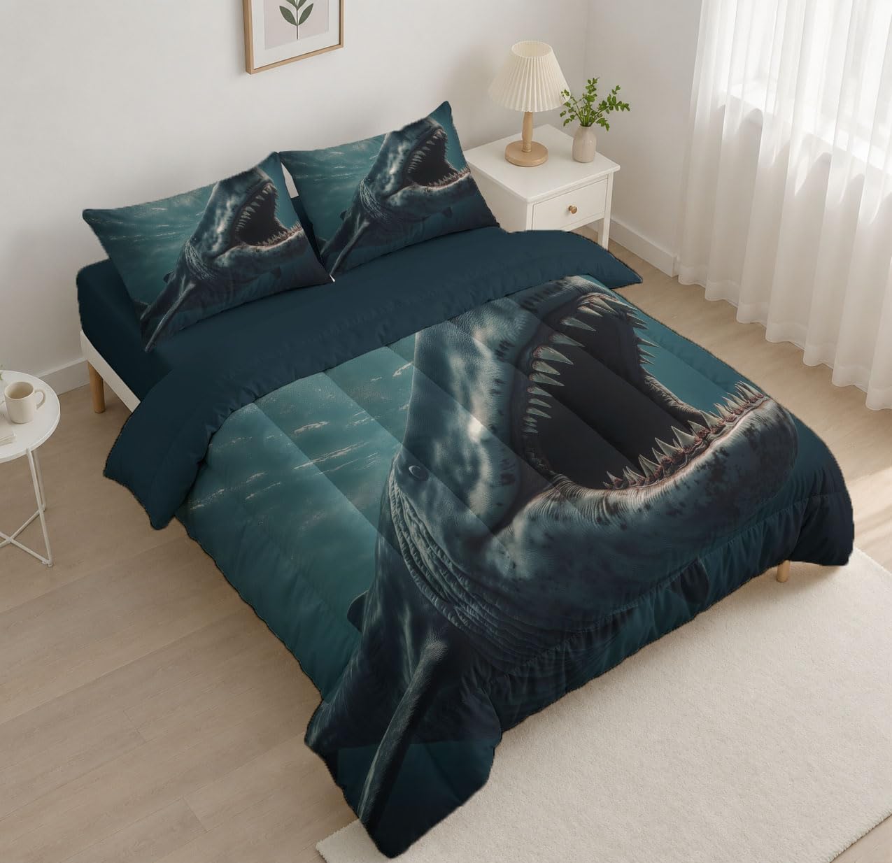 Dark Animals Comforter Set Twin Size, Megalodon Bedding Set for Girls Boys, Bluish-Gray Quilt Bed 68"X90" Bedding Comforter Sets with 2 Pillowcase Room Decor