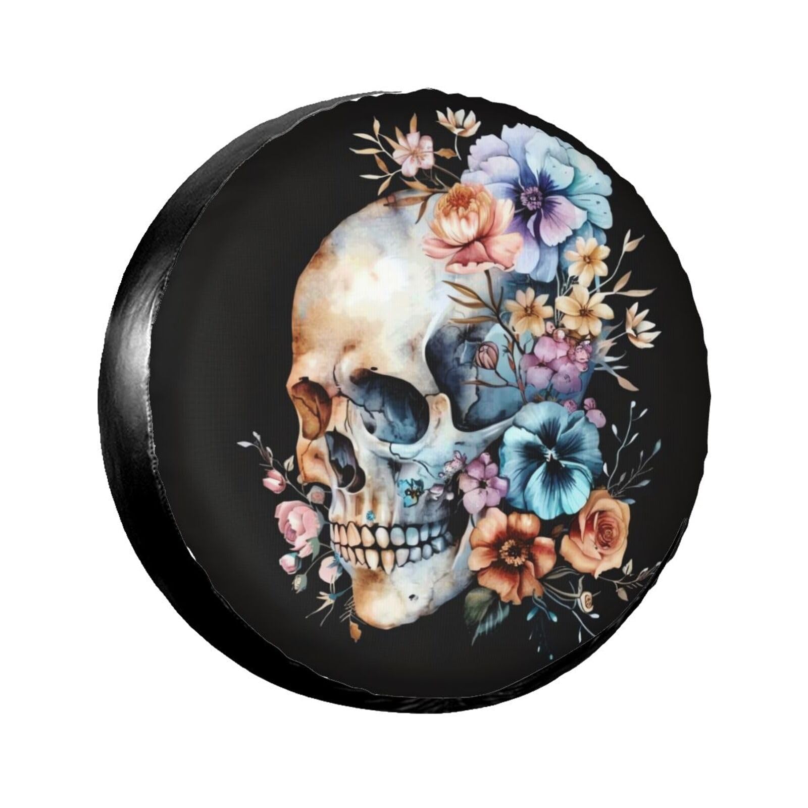 Watercolor Flowers Skull Spare Tire Cover for Camper Rv Trailer- Cute Fun Wheel Cover Waterproof Universal Fit for SUV Truck Wheel Protectors Travel Outdoor-17 inch
