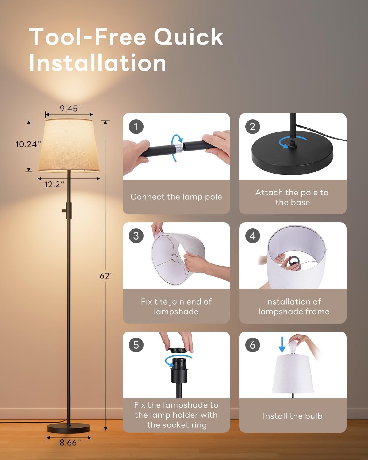 Lampada da Terra Salotto, LED Piantana Lampada da Terra per Dimmerabile con Bulbo 1200lm 10W RGBCW Lampade da Terra Paralume Moderna Nera per Camera, Ufficio, Bambini Stehleuchte