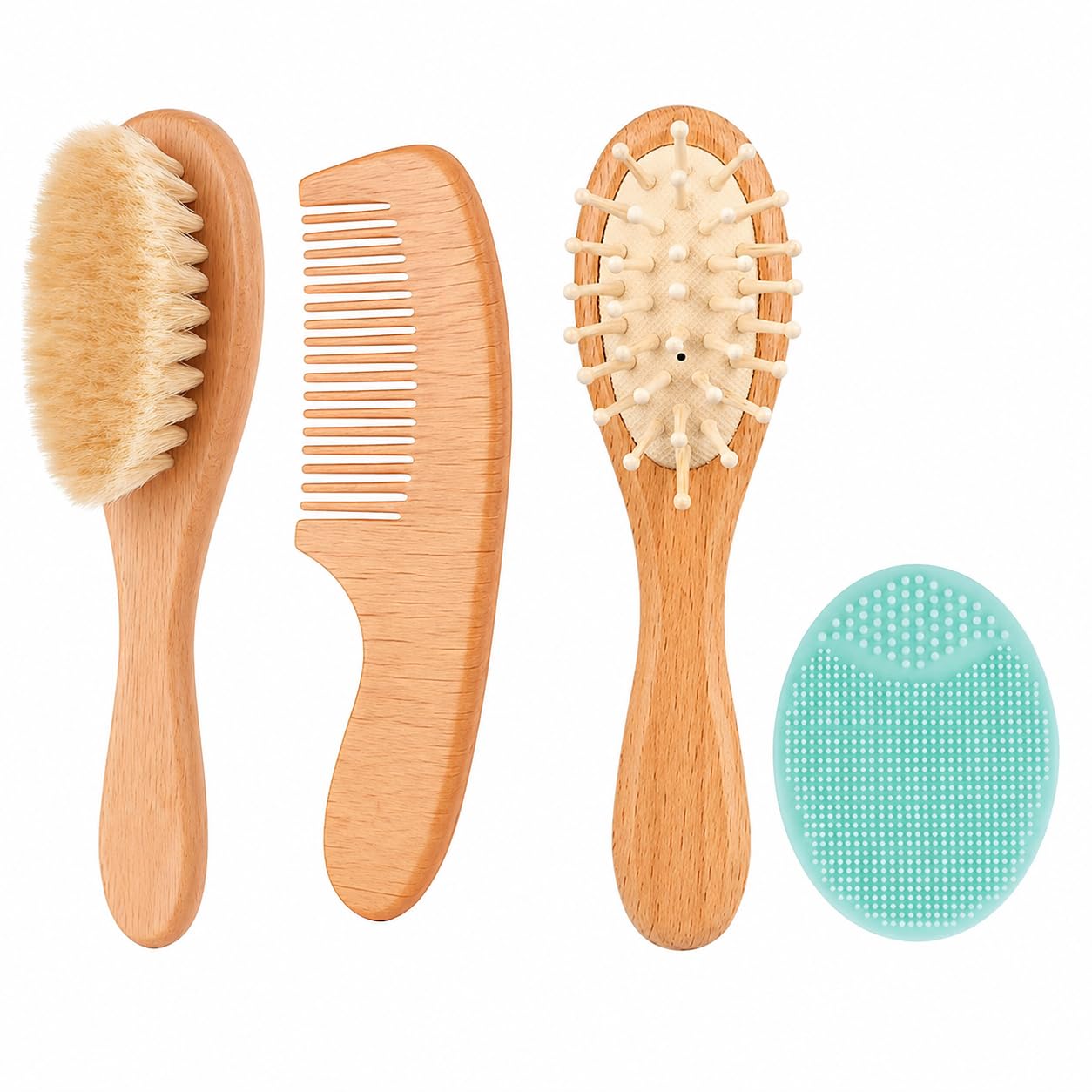 Baby Hair Brush and Comb Set 4 Pcs: Wool Bristle Brush, Wooden Comb, air Cushion Brush, Silicone Scalp Brush. Grooming kit for Bath time, Daily Hair Care – Ideal Newborn Essentials
