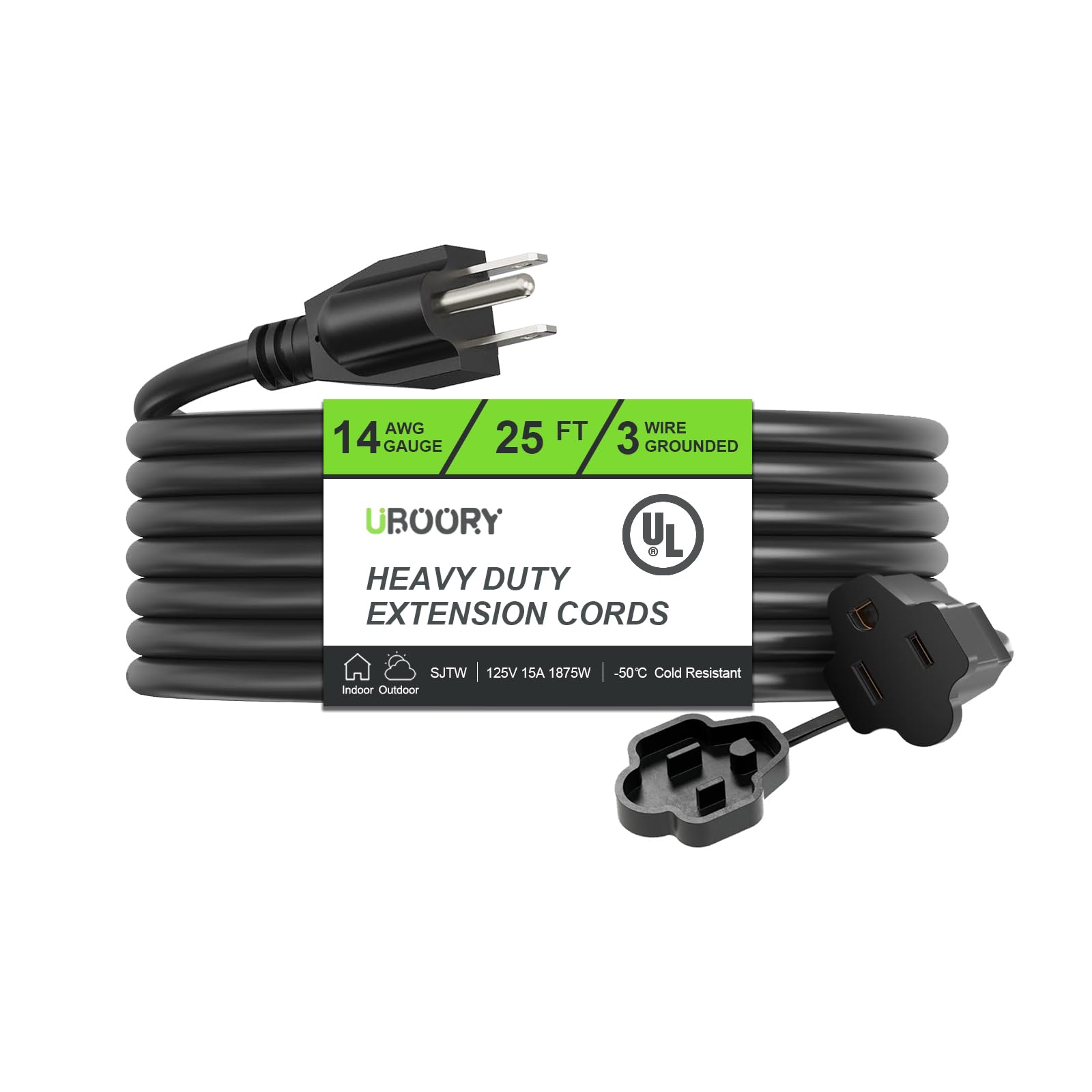 uboory Outdoor Extension Cord Waterproof 25 FT Black