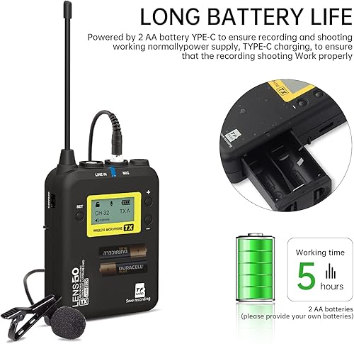 Miniatura 3 de LENSGO LWM-328C - Sistema de micrófono inalámbrico Lavalier de 99 canales, UHF, micrófono de solapa inalámbrico profesional omnidireccional para