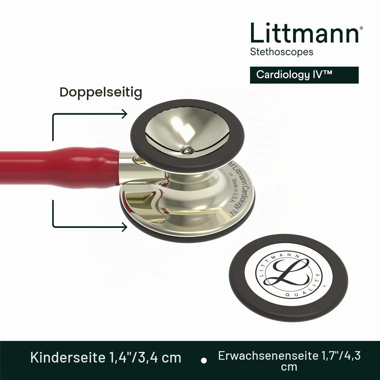 Littmann Cardiology IV Stethoskop, 6176, Schlauch Burgunderrot | Champagnerfarbenes Edelstahl-Bruststück und champagnerfarbener Anschluss. Für Ärzte und Medizinstudenten