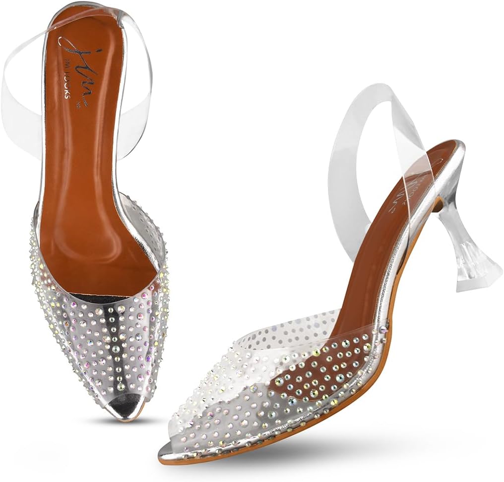JM LOOKS Stylish Transparent Kitten Heel Sandal with Pearl Design for Women & Girls