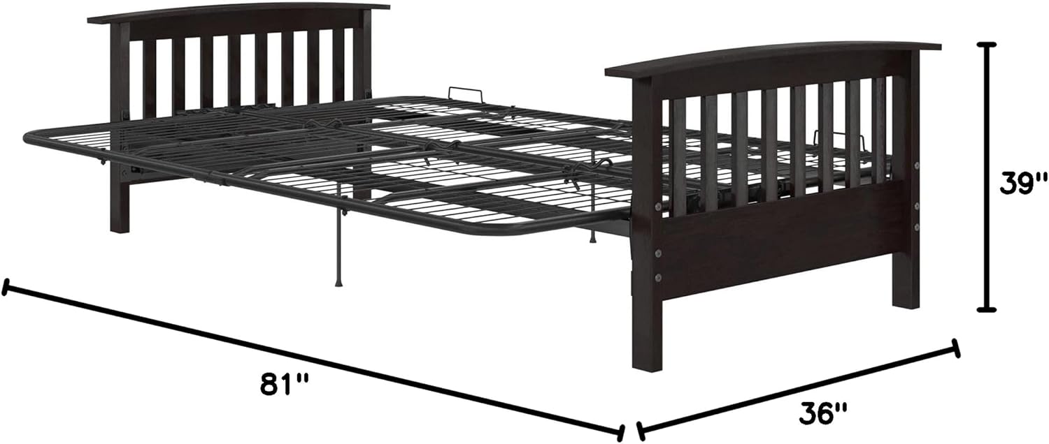 Gray Linen Reclining Futon with Dark Wood Arms and Metal Frame