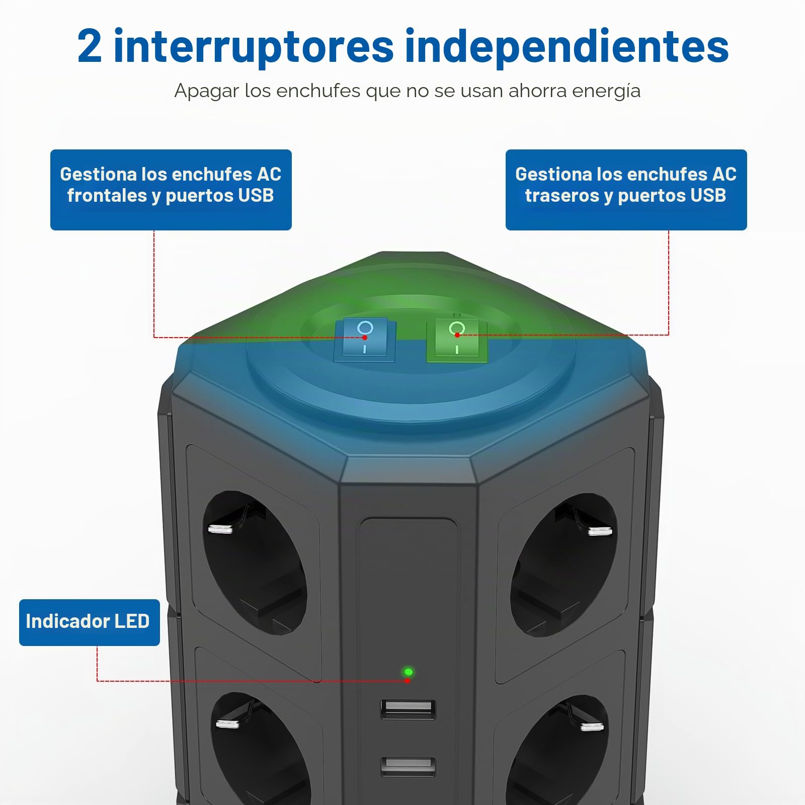 BEVA Regleta Enchufes Vertical de 12 Tomas Corrientes y 5 Rápida USB Tomas, Ladron Enchufe de Corriente con Protección contra Sobrecargas y Interruptores, Cable de 2M, 2500W/10A Black | 2500 W/10 A, 2 USB-C (15 W), 3 USB-A, con interruptor, para oficina y