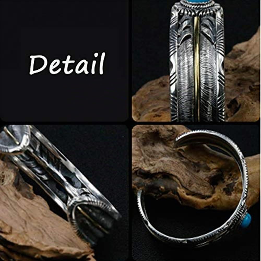 Herren Feather Open Armreif mit Türkis Indianer Breite Feder Silber Ethnic Armlet Vintage Armmanschette