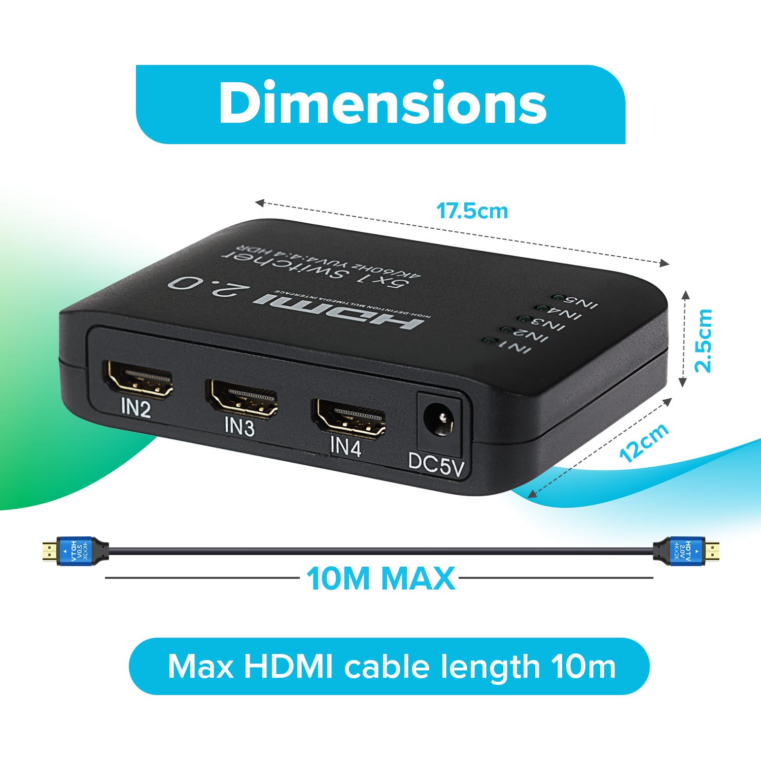 Nikkai Przełącznik HDMI 5 portów w 1 wyjściu 4K 60 Hz rozdzielczość pilot - czarny