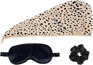 Twist Microfiber Hair Towel Wrap for Women, Bathroom Essentials, Quick Drying Hair for Curly, Straight, Thick or Thin, Pack of 3 (Cheetah Drying Towel, Sleeping Mask, Scrunchie)