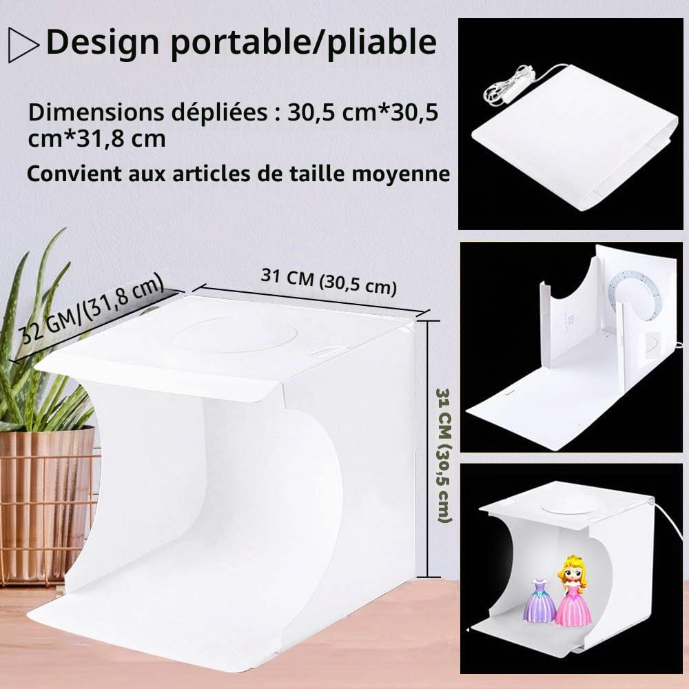DUCLUS Studio Photo Portable 30x30 cm Boîte à Lumière, Pliable Photo Box avec 88 LED Lumière Dimmable Blanche/Douce/Chaude et 6 Toiles de Fond pour Photographie Produits Bijoux Cosmétiques