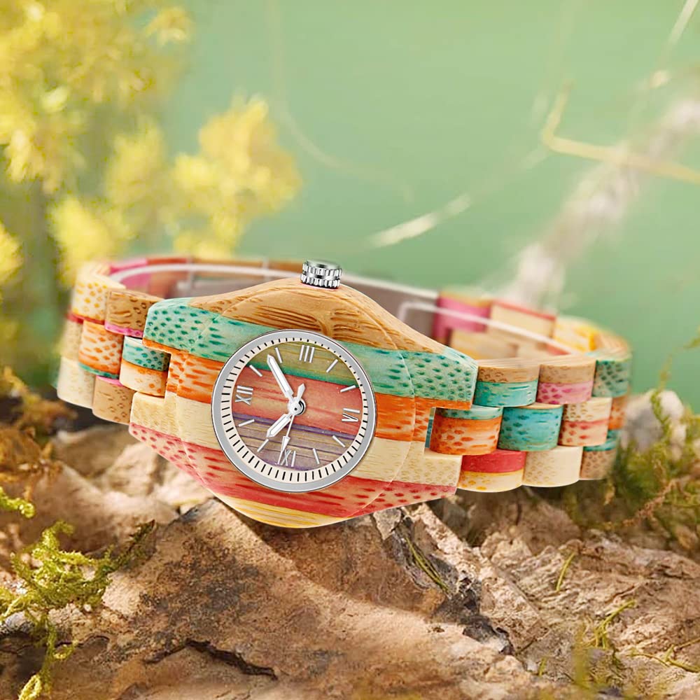 Tiong Reloj de madera para mujer Colorido Bambú Relojes de cuarzo Relojes de mujer Relojes analógicos Números Romanos Relojes de Madera Reloj de Madera para Mujeres, Wq1109-colorido, Retro