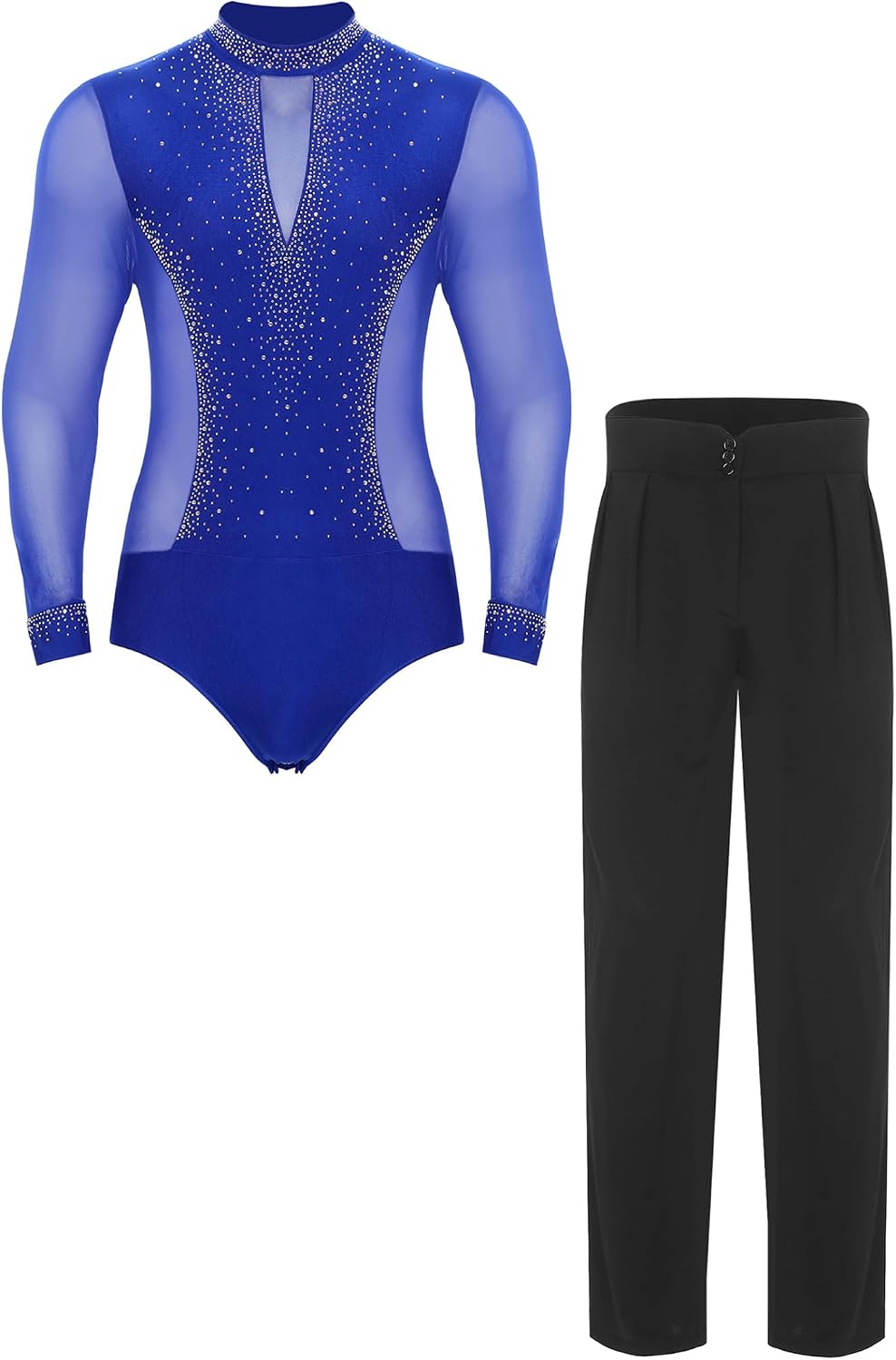JEYPINMI Men's Shiny Deep V Neck Latin Tango Dance Shirt Leotard Modern Ballroom Dance Trousers/Pants Set
