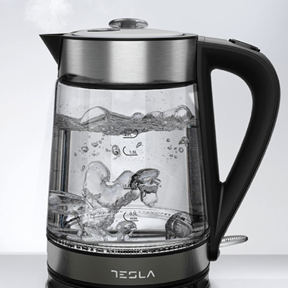 Tesla Hervidor de Agua Eléctrico KT300X - 1.7 Litros, 2200W de Potencia, Acero Inoxidable, Indicador LED, Tapa Pop-Up, Apagado Automático, Tecnología STRIX, Control Nivel de Agua (Color Negro)