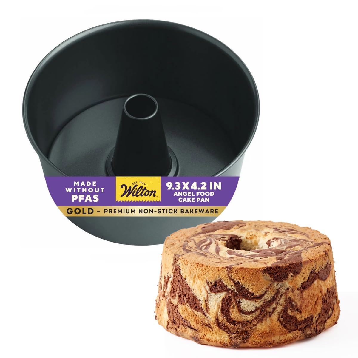 Gold Non-Stick Angel Food Tube Cake Pan, Made Without PFAS, 9.37 in. | Non-Stick Steel with Scratch-Resistant Coating, Resists Warping, Dishwasher Safe, Perfect for Angel Food & Tube Cakes