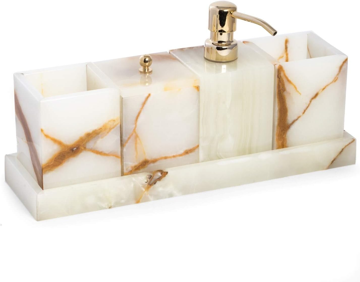 Misc Marble Bath Canister with Lid in Green Onyx Modern Contemporary Mother of Pearl Single Piece