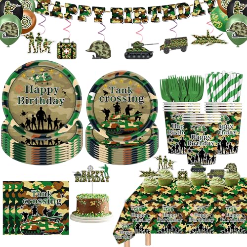151pcs Army Birthday Party Decorations Include Camo Plates and Napkins Set Banner Hanging Tablecloth Balloon Cupcake Topper for Camouflage Hunting Military Theme Birthday Party Serve 20