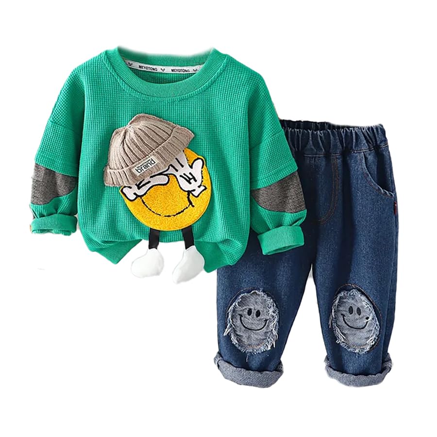 Bold N Elegant Kids Full Length Uptown Sweatshirt with 3D Smiley Patch and Jeans Party Dress for Infant Toddler Baby Boys N Girls