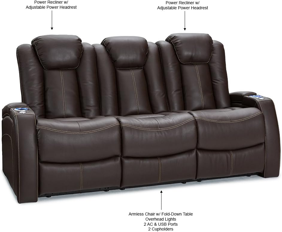 Seatcraft Republic Home Theater Seating - Top Grain Leather - Power Recline - Power Headrest - Center Fold Down Table - Cupholders - AC, USB, Wireless Charging - in Arm Storage (Sofa, Brown) : Home & Kitchen