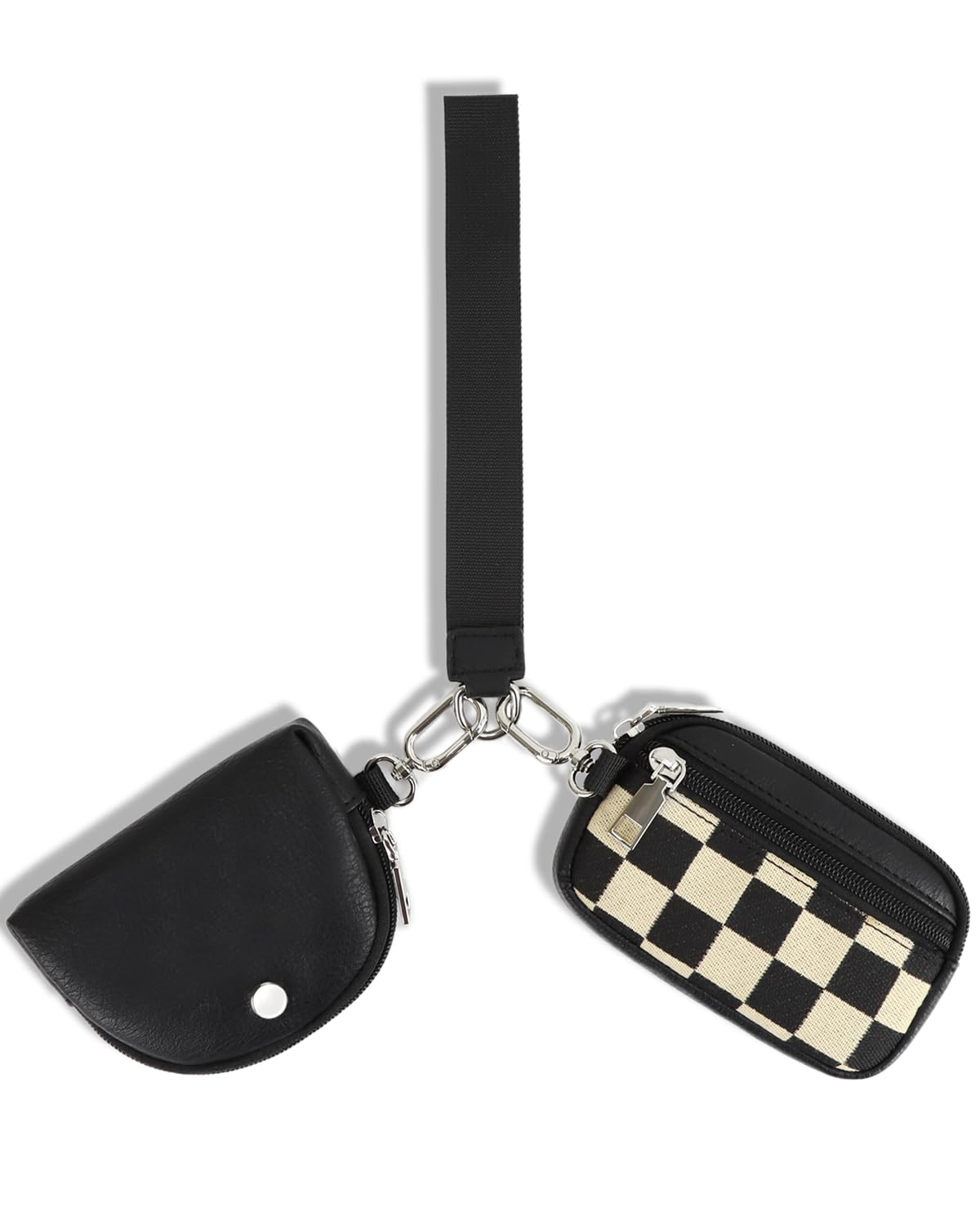 LIERWOI Mini Zip Around Keychain Wallet Chekered Dual Pouch Wristlet for Women Portable Detachable Coin Purse Mini Card Pocket (A-Black)