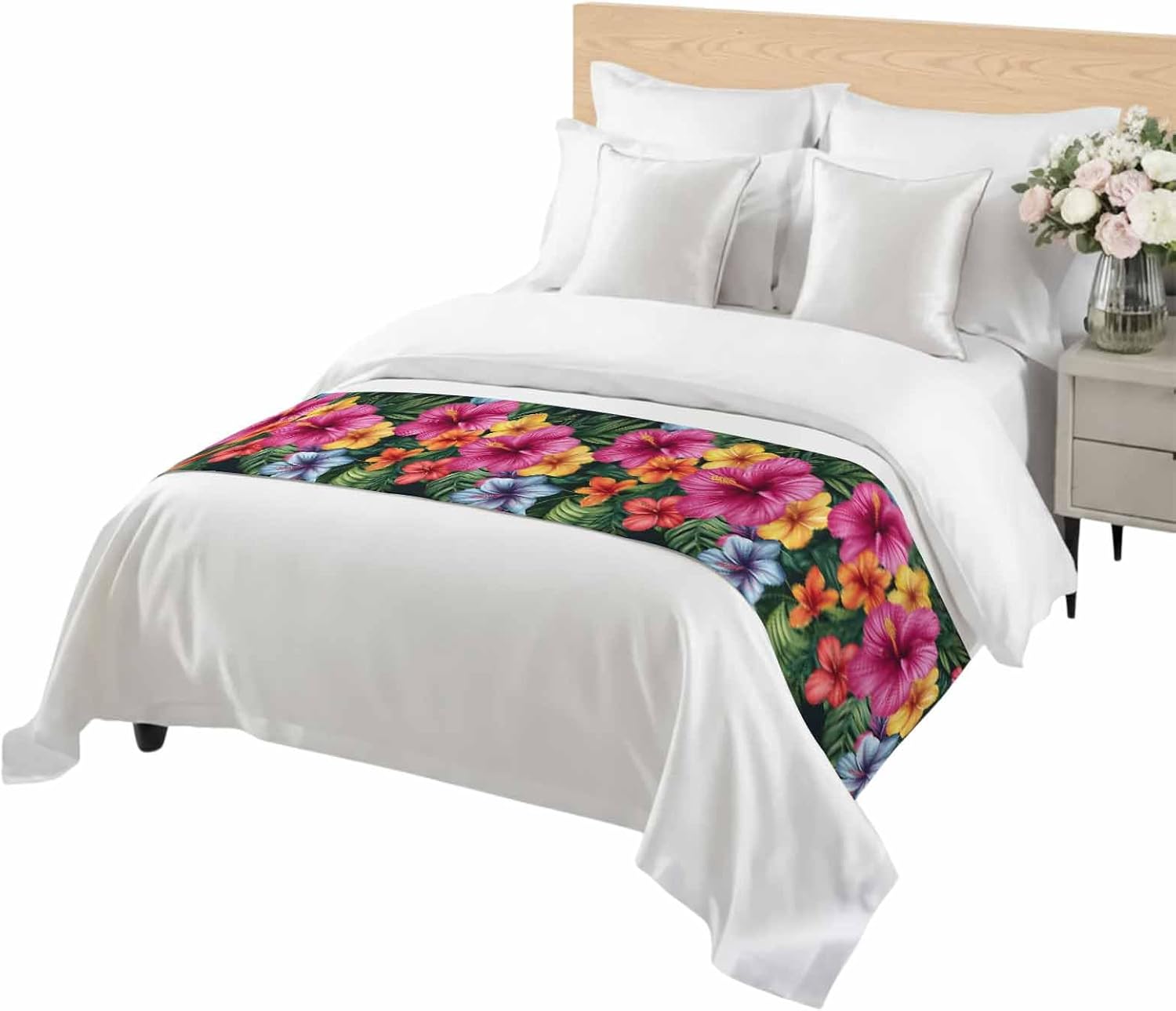 Watercolor Hibiscus Flowers Tropical Hawaii Floral Bed Runners for Bedroom Hotel,Decorative Bedding Scarf Green Plant Leaf Bed End Blanket Bedding Runner Scarves for King Size Beds,102x20in