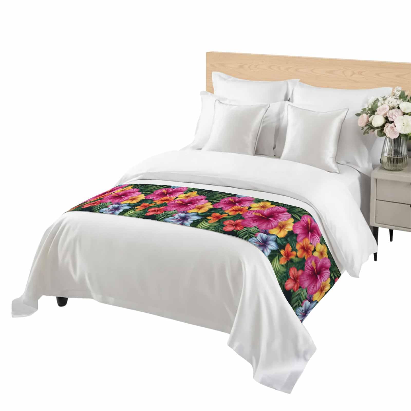 Watercolor Hibiscus Flowers Tropical Hawaii Floral Bed Runners for Bedroom Hotel,Decorative Bedding Scarf Green Plant Leaf Bed End Blanket Bedding Runner Scarves for California King Size Bed,102x20in-picture-10