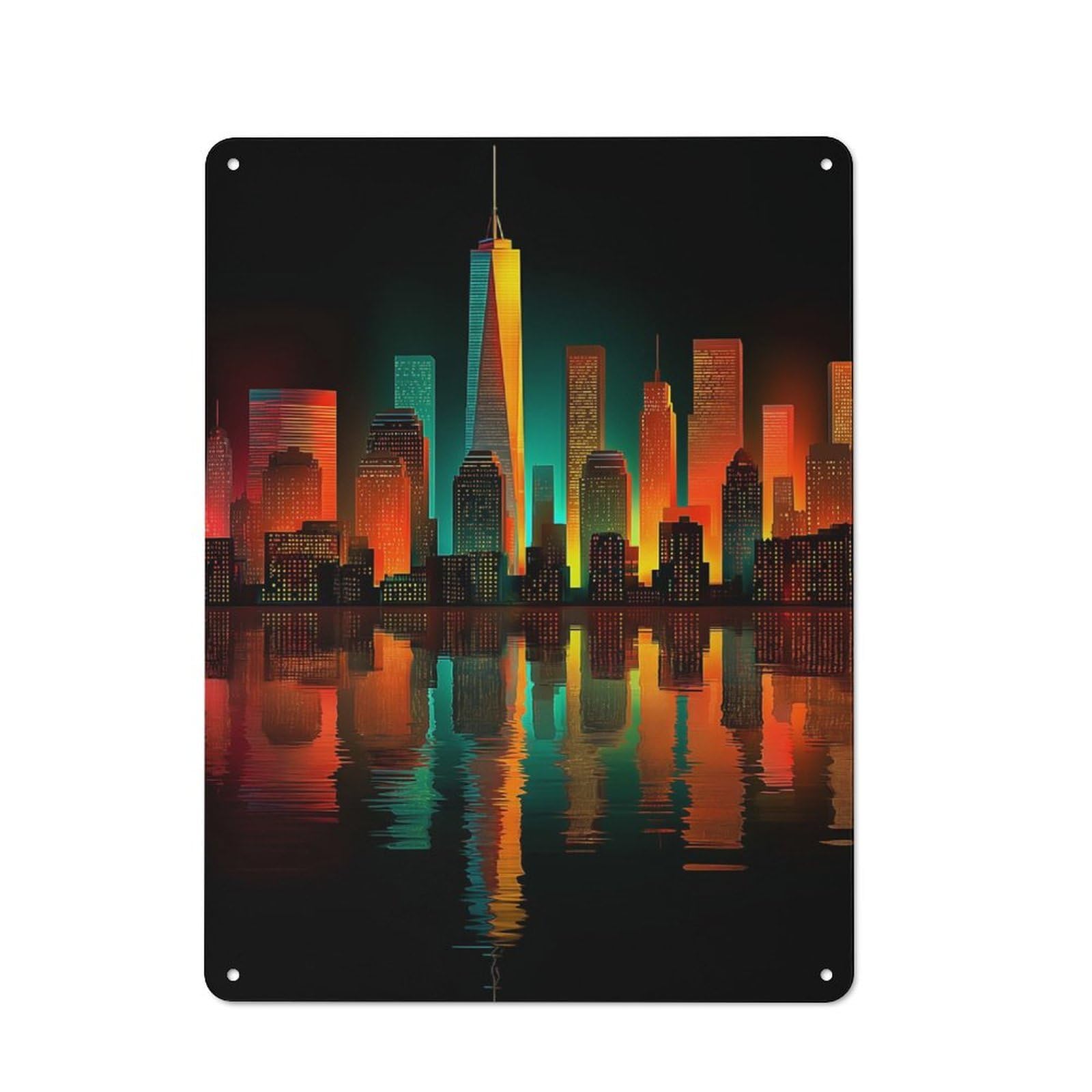 Retro Metal Sign with Colorful Cityscape Reflection Design 40x30cm, Weathered Look Shed Wall Plaque for Garage, Workshop, Shed Or Utility Room