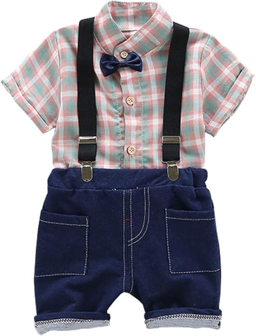 Amazon Co Jp Dxxchung ベビー セットアップ 半袖 シャツ ショートパンツ 夏服 サスペンダー付き 蝶ネクタイ チェックシャツ デニムパンツ 紳士風 かっこいい 普段着 可愛い カジュアル 色 グリーン ピンク サイズ 100 服 ファッション小物